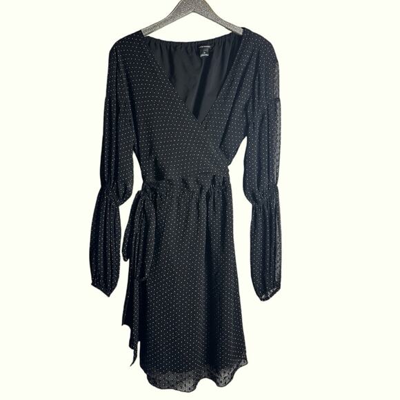Club Monaco Black Swiss Dot Long Sleeve Wrap Dress - Picture 1 of 7